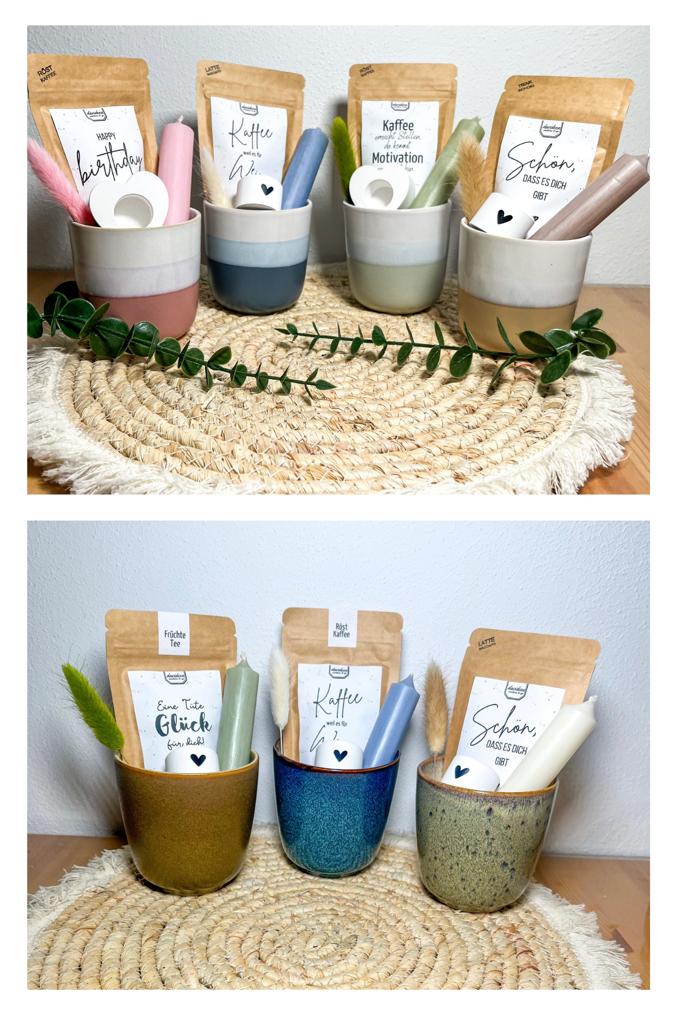 Geschenkset Tasse/Becher mit Kaffee , Kerze , Kerzenhalter
