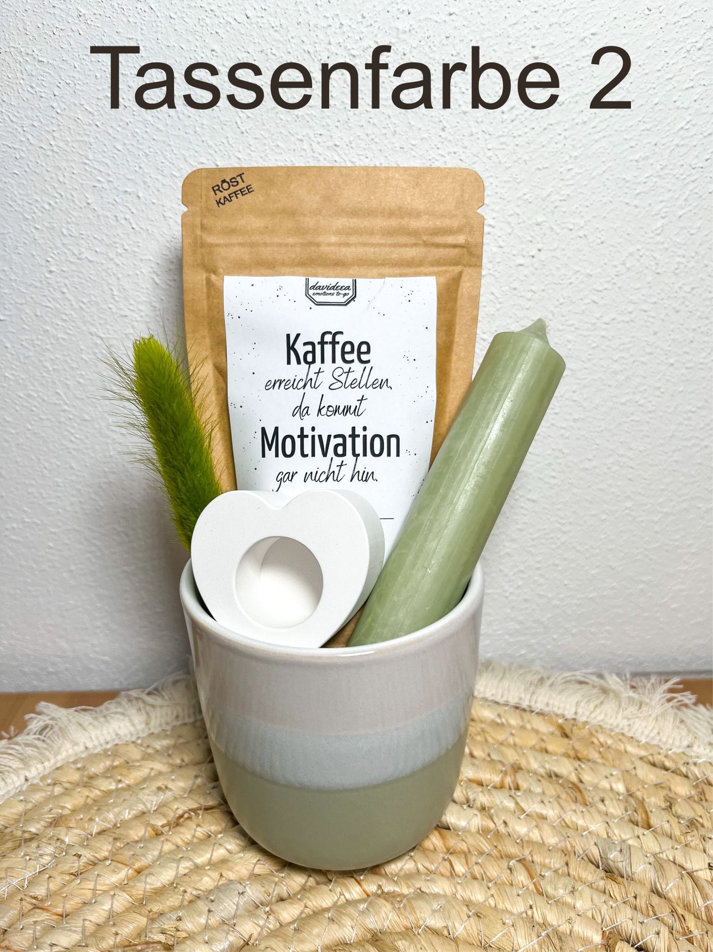 Geschenkset Tasse/Becher mit Kaffee , Kerze , Kerzenhalter