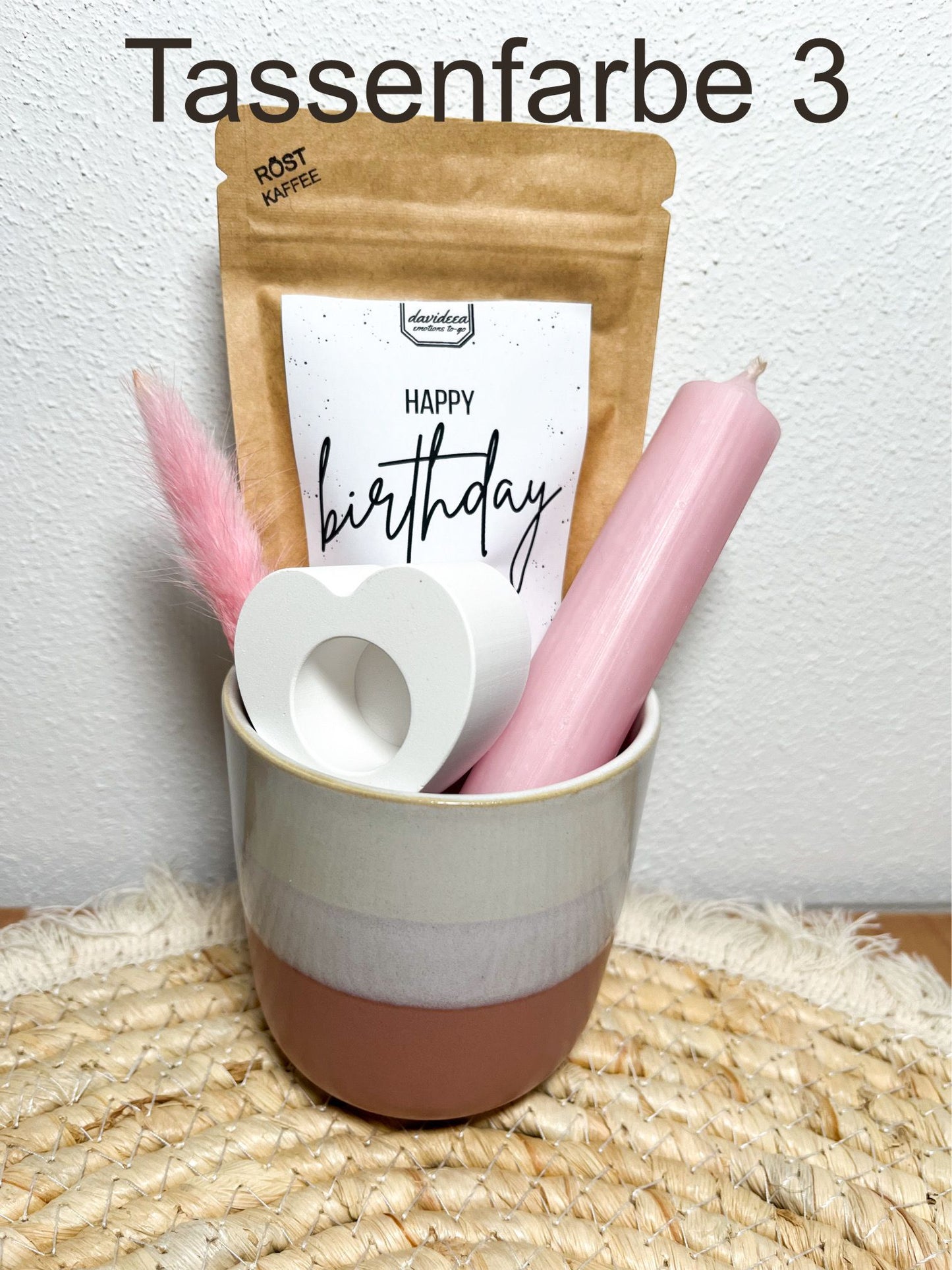Geschenkset Tasse/Becher mit Kaffee , Kerze , Kerzenhalter