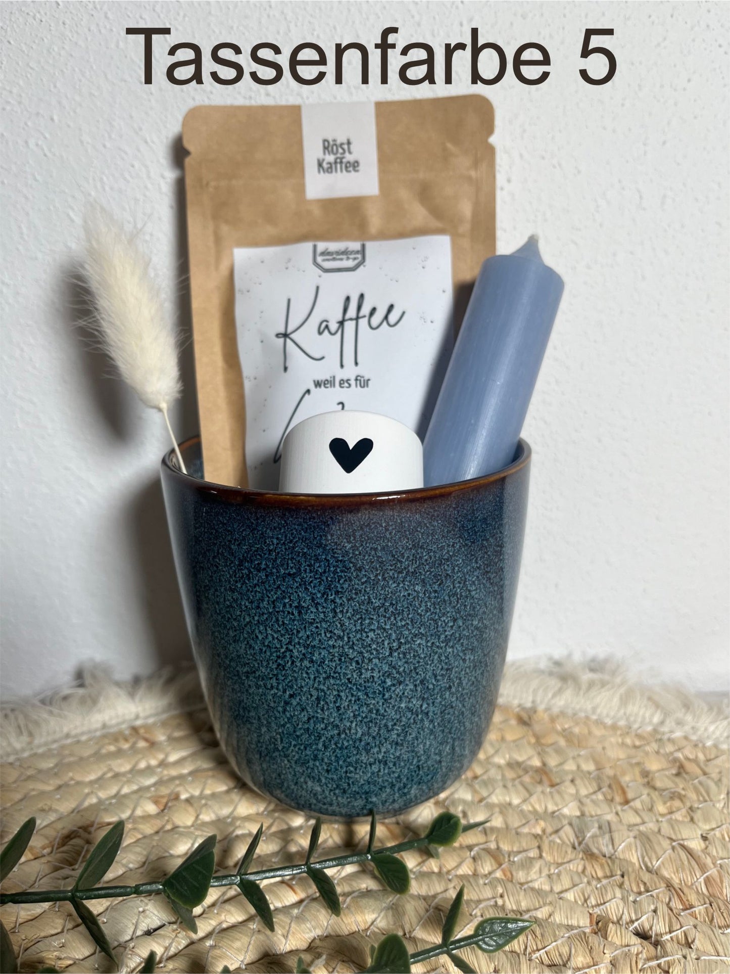 Geschenkset Tasse/Becher mit Kaffee , Kerze , Kerzenhalter