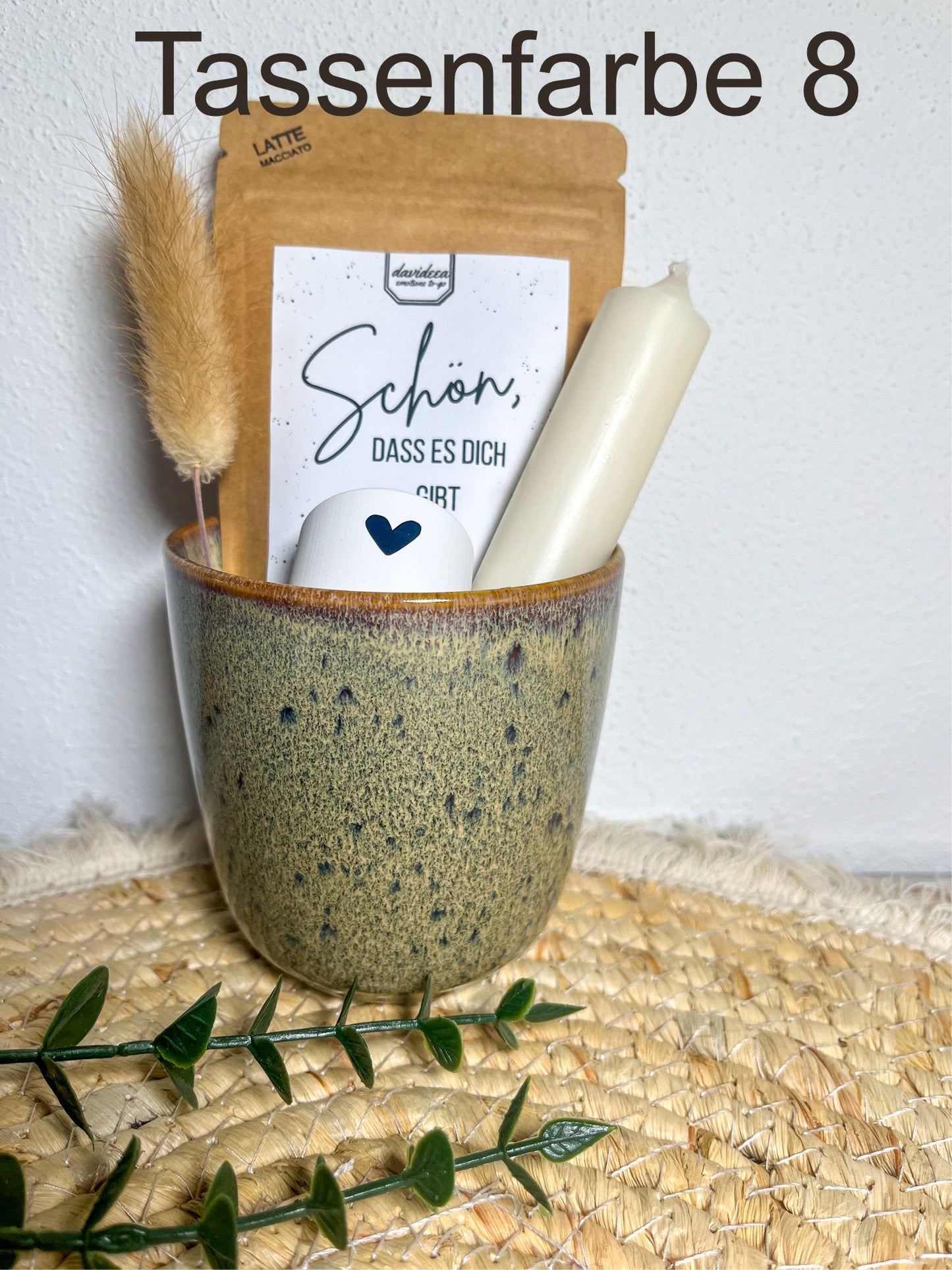 Geschenkset Tasse/Becher mit Kaffee , Kerze , Kerzenhalter