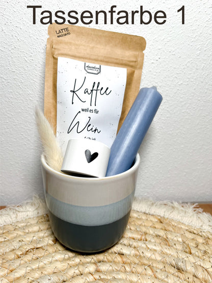 Geschenkset Tasse/Becher mit Kaffee , Kerze , Kerzenhalter