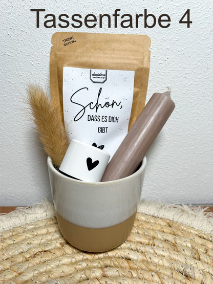 Geschenkset Tasse/Becher mit Kaffee , Kerze , Kerzenhalter