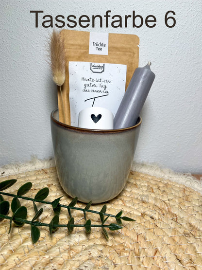 Geschenkset Tasse/Becher mit Kaffee , Kerze , Kerzenhalter